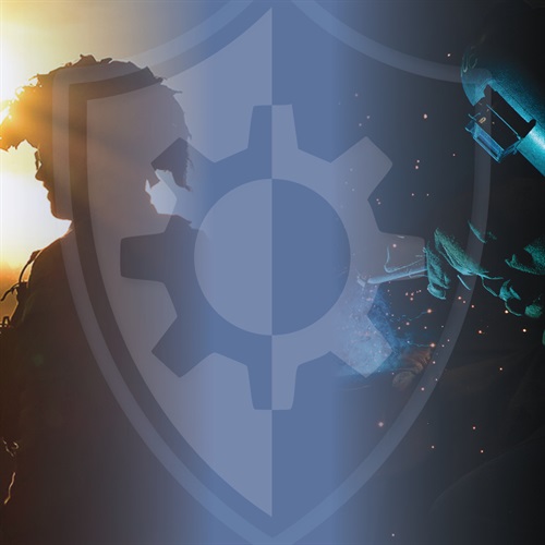A graphic of a shield and cog is superimposed over images of a solider and person welding in a manufacturing business
