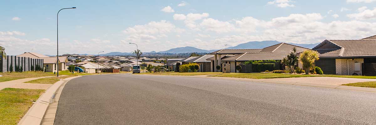 A residential street looking towards receding rows of new houses in Gracemere