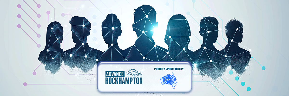 A graphic image of a row of blue silhouettes in front of a light background, overlaid with the Advance Rockhampton logo and an acknowledgement of nbn sponsorship