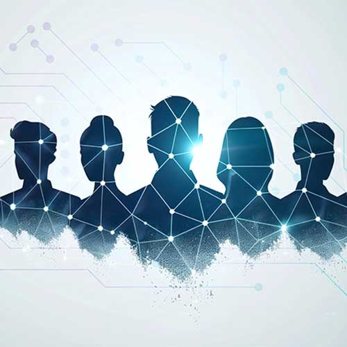 A graphic image of a row of blue silhouettes in front of a light background, with connected lines symbolising data transfer