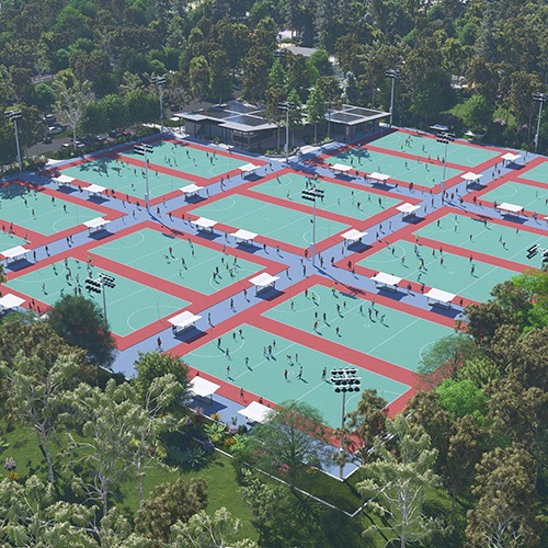 A render of new netball courts in the Rockhampton Sports Precinct