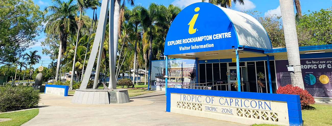 The blue and white front of Rockhampton's Visitor Information Centre