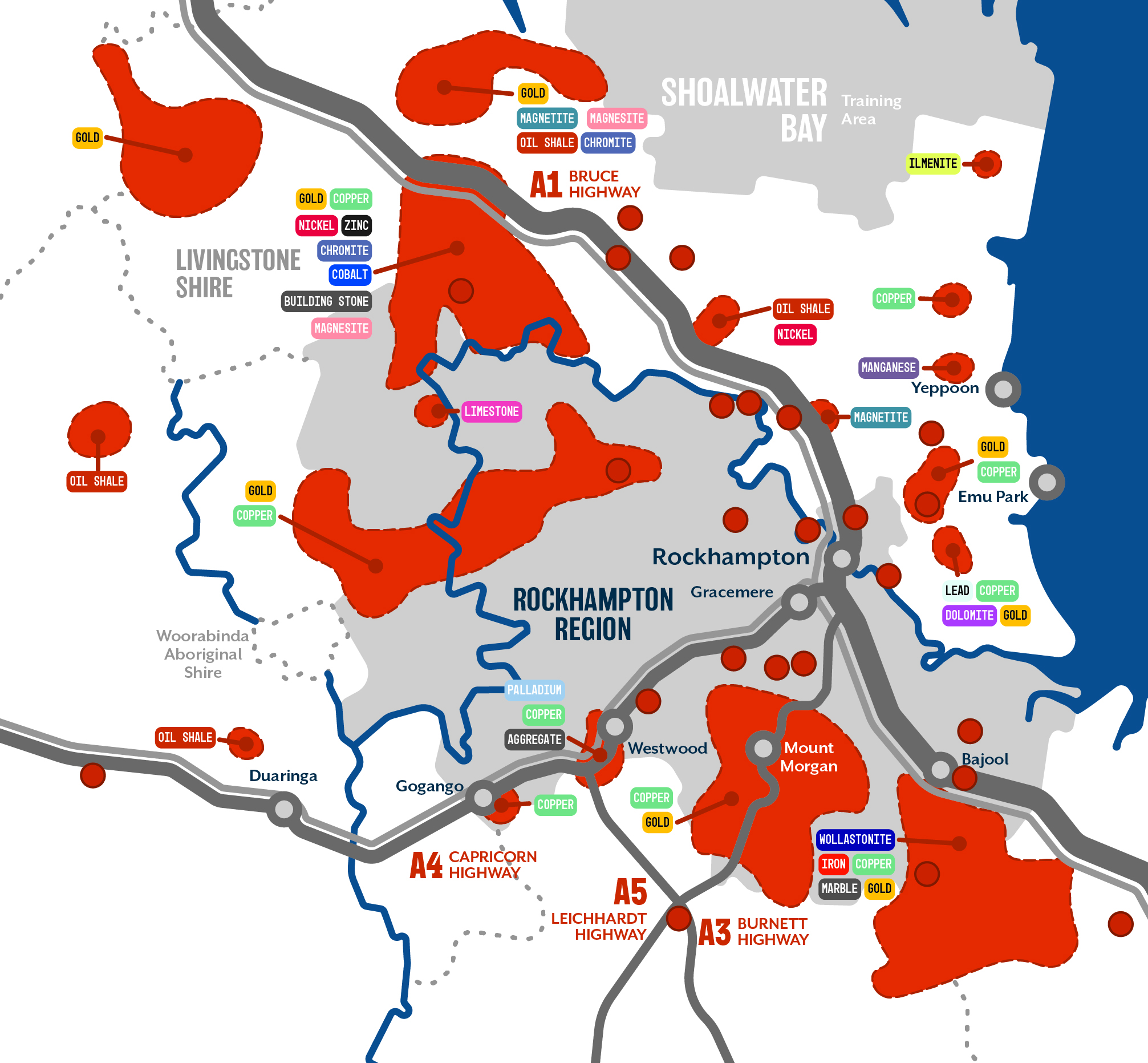 Map showing deposits of minerals across the Rockhampton Region