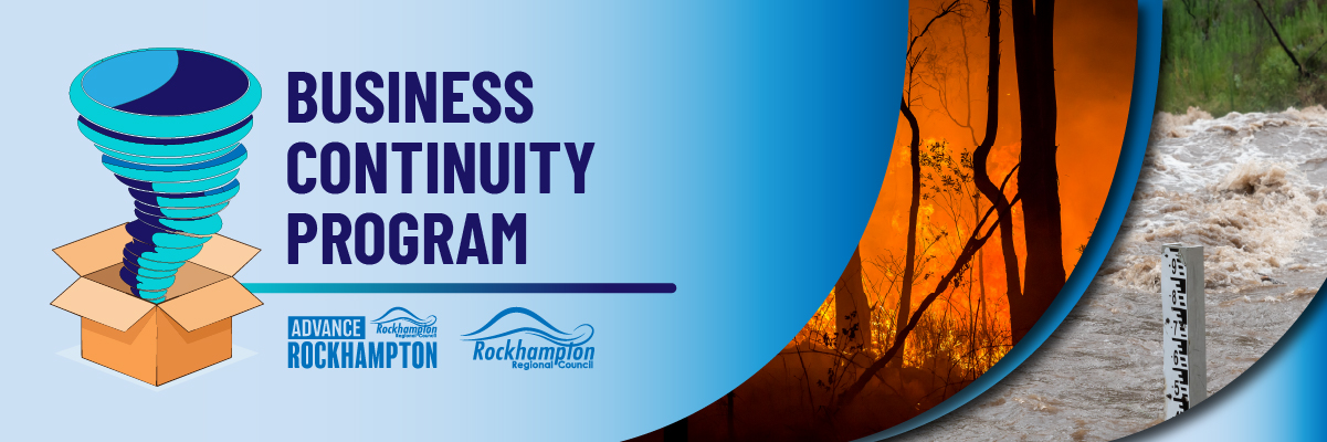 Rockhampton Business Community Masterclass logo, overlaying images of a bushfire and flood